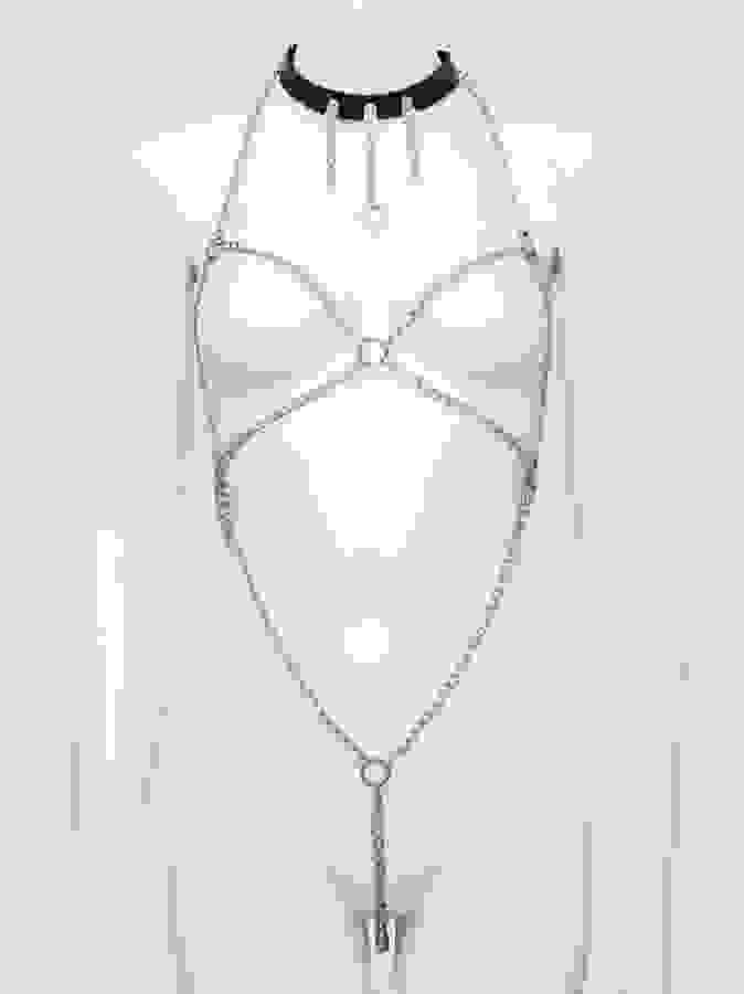 DOMINIX Deluxe Open-Body Chain Harness with Leather Collar, Silver, hi-res